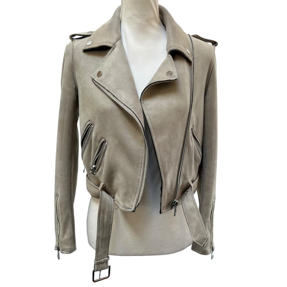 Zara Basic Faux Suede Moto Jacket Taupe Beige Belted Biker Women’s S EUC
